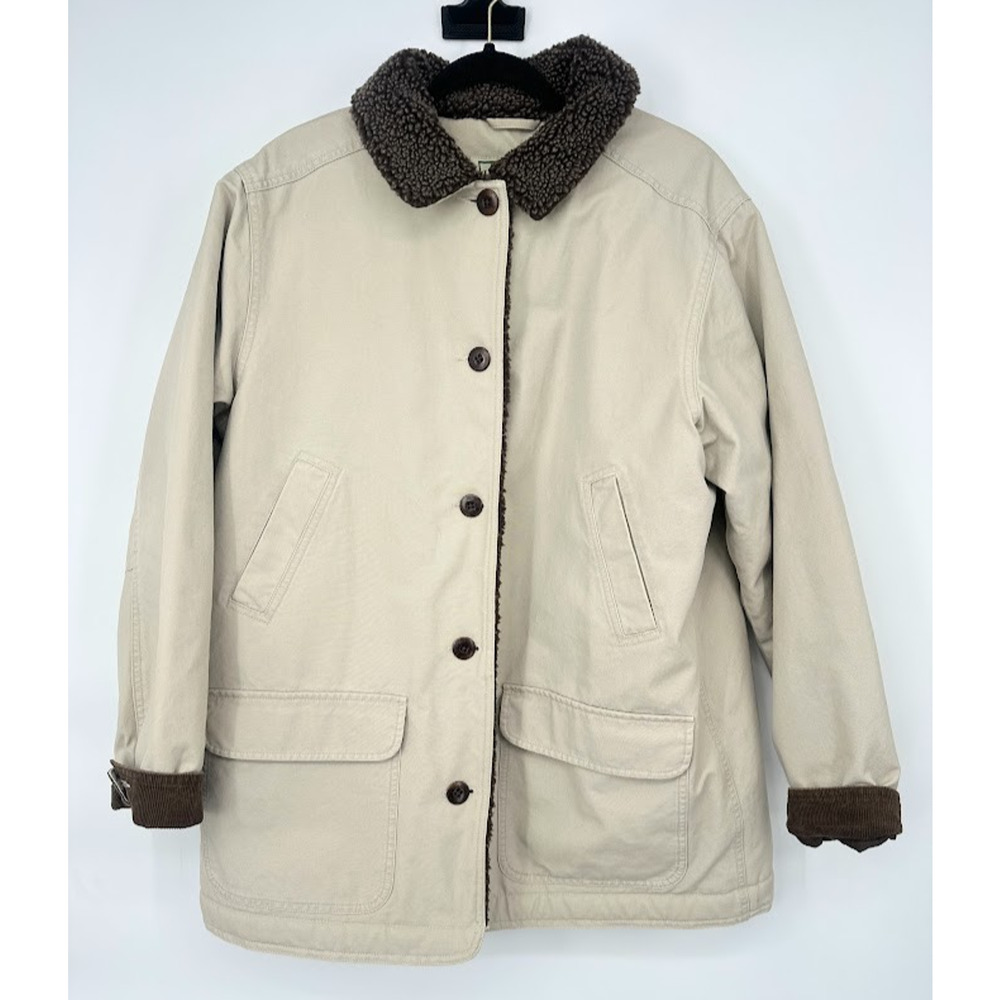 Vtg LL Bean Chore Jacket Women XL Light Tan Canvas Sherpa Lined Collar Barn Coat